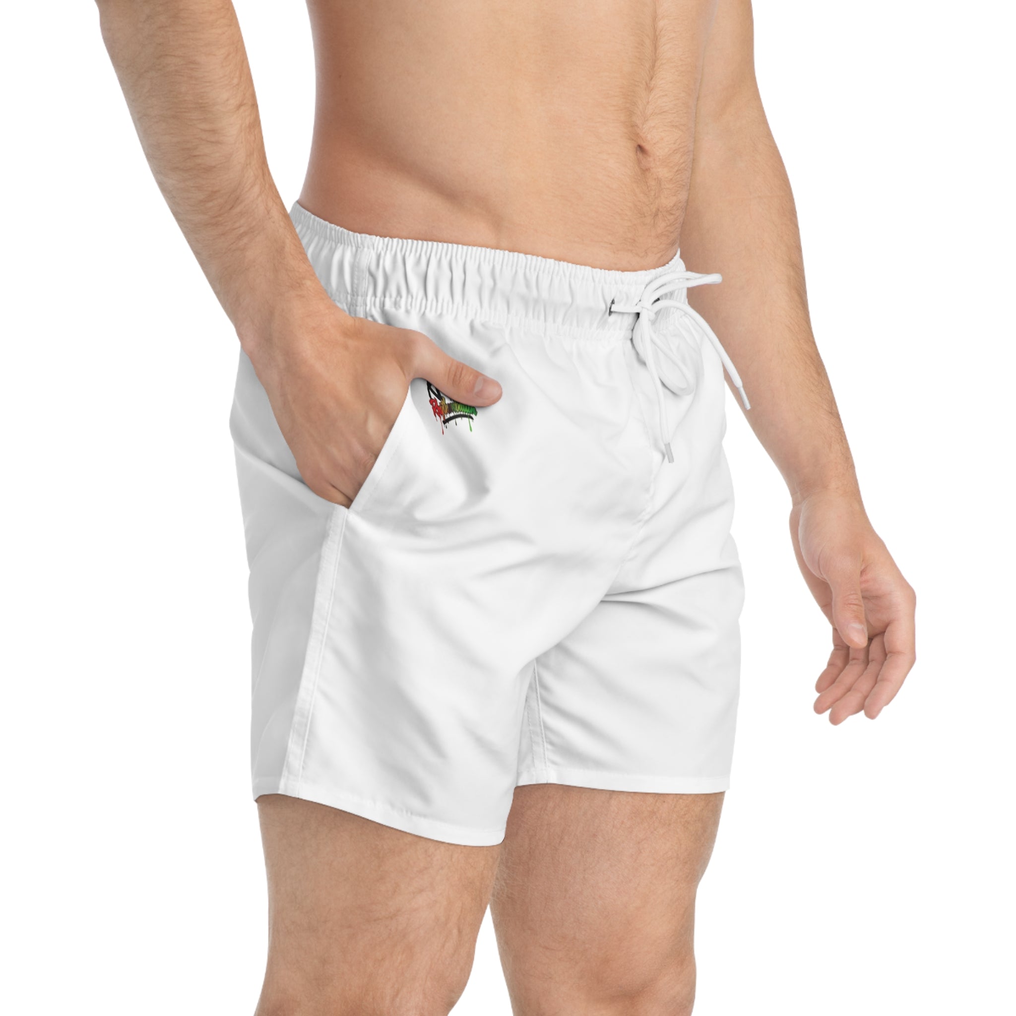 RNB Swim Trunks – Minimal White Mens Swim Shorts with Small RNB Logo