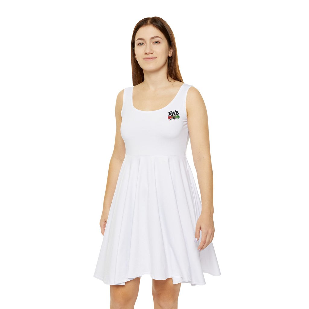 White Skater Dress with Small Floral Chest Logo – Women's Casual Summer Dress