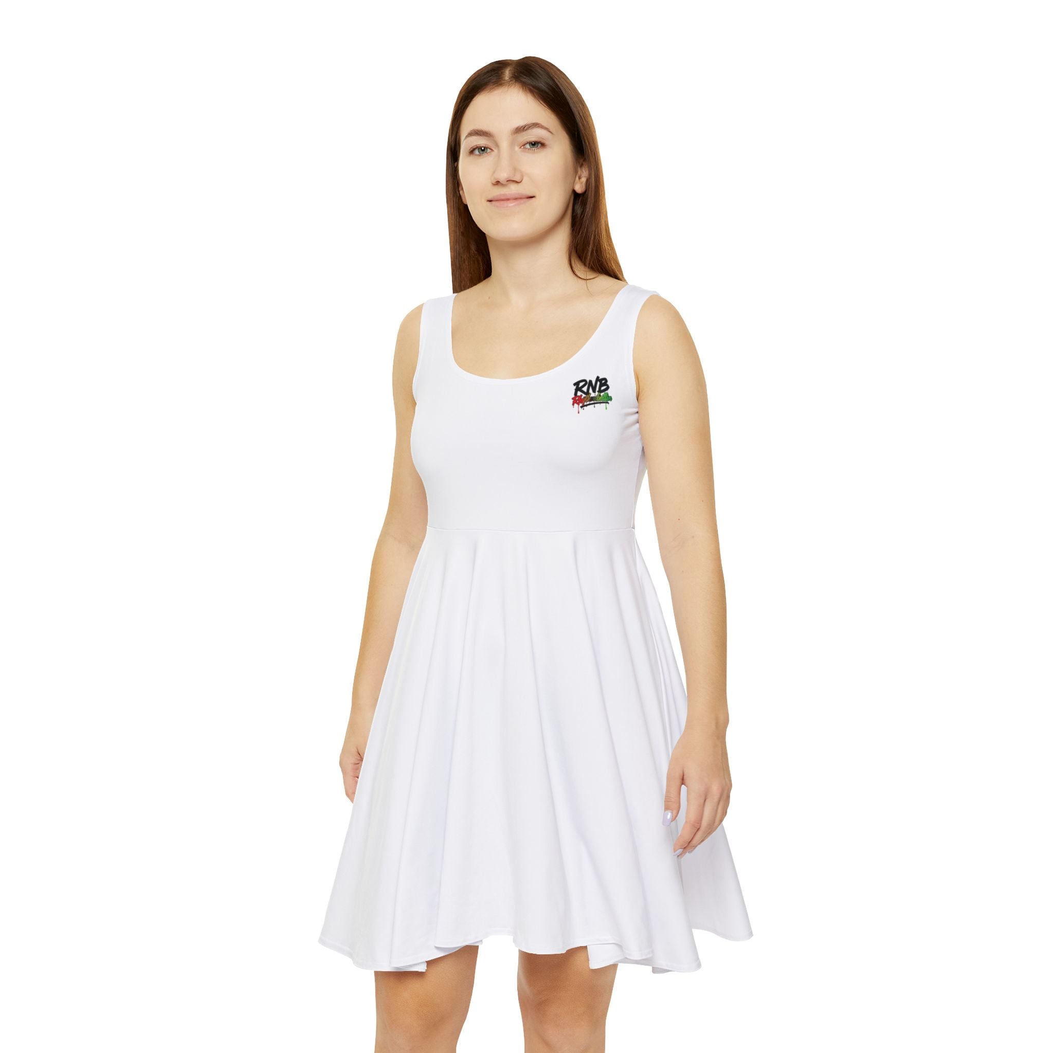 White Skater Dress with Small Floral Chest Logo – Women's Casual Summer Dress
