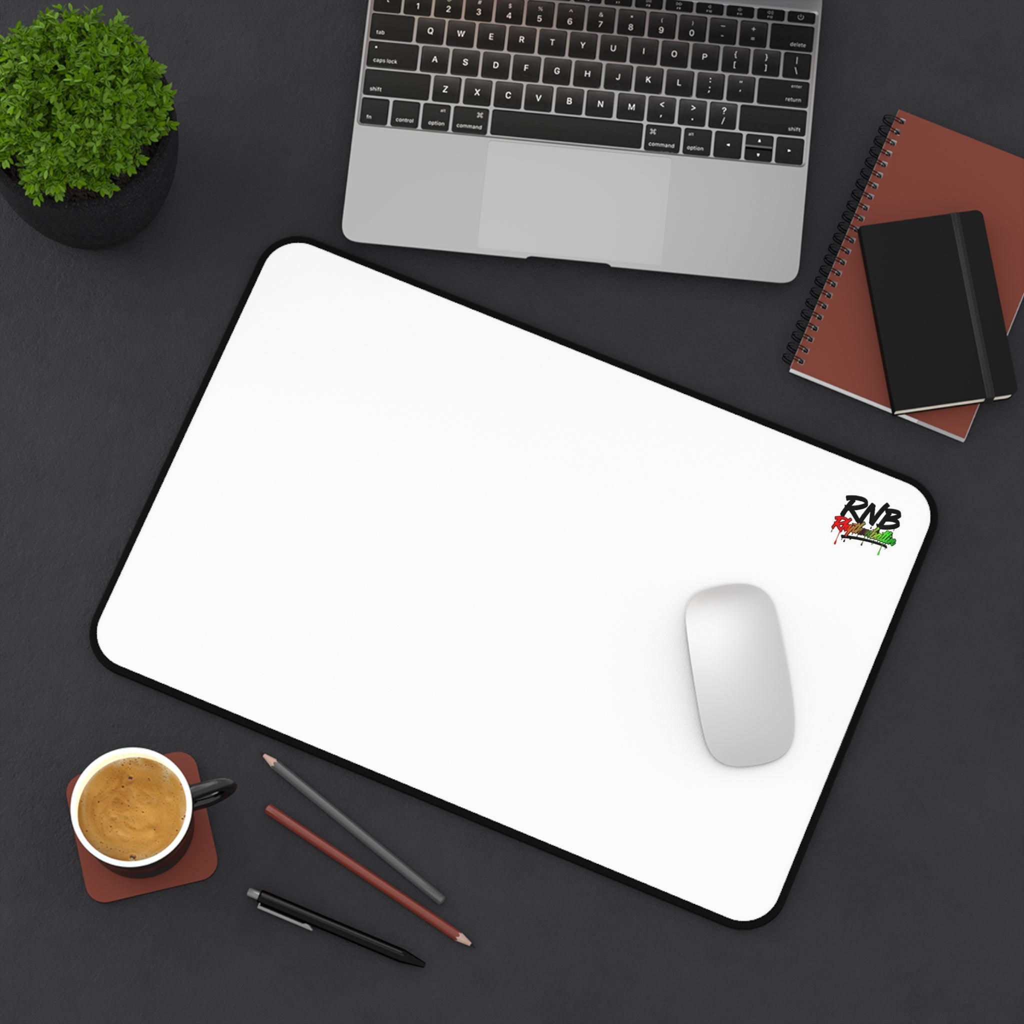 Desk Mat — Minimal White Gaming/Office Mousepad with 'RNB' Logo (Clean Modern Desk Mat)