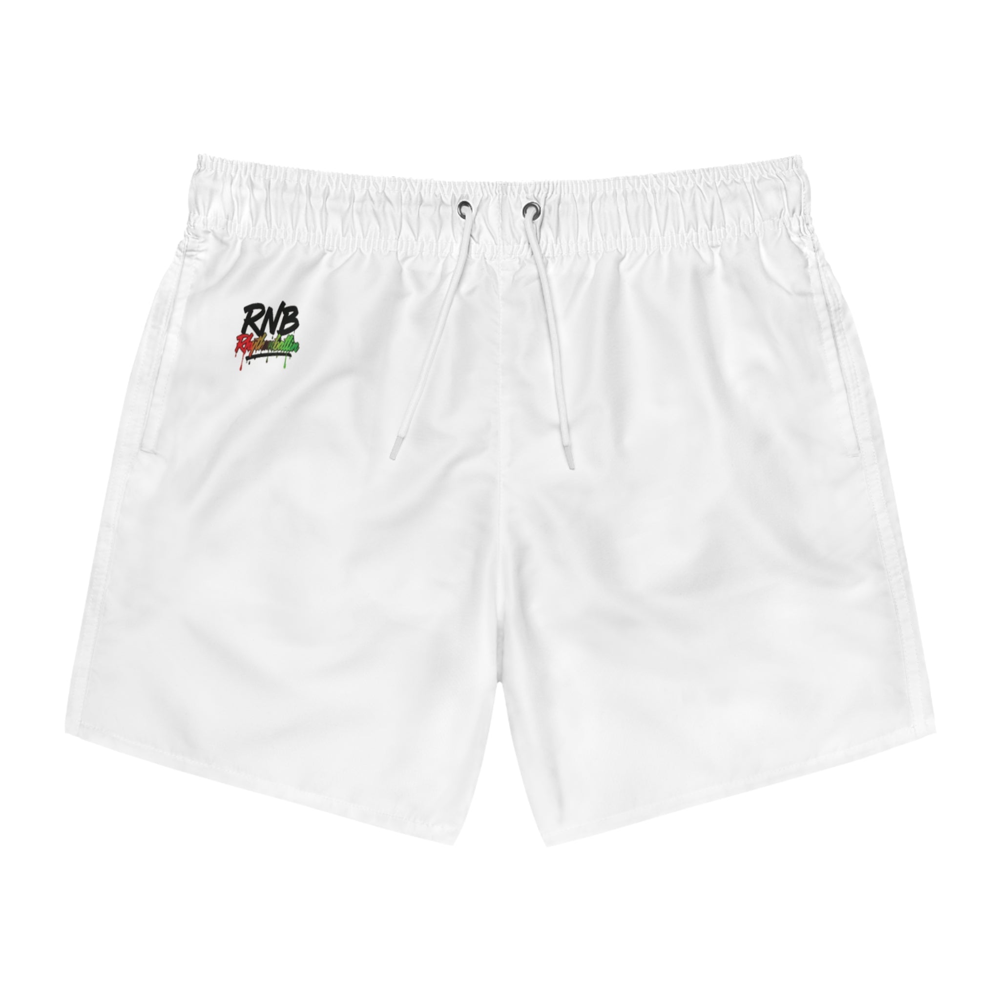 RNB Swim Trunks – Minimal White Mens Swim Shorts with Small RNB Logo