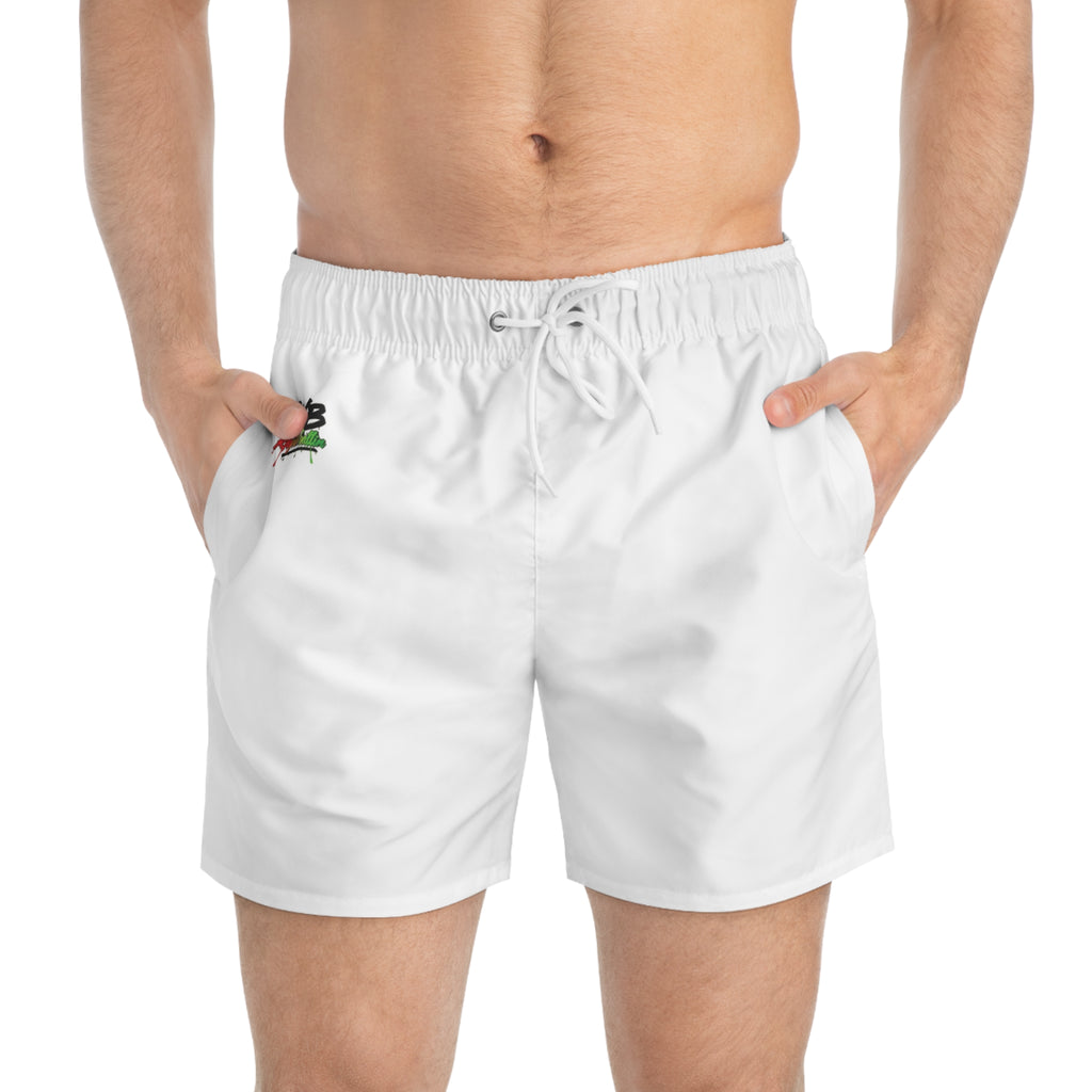 RNB Swim Trunks – Minimal White Mens Swim Shorts with Small RNB Logo