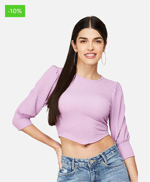 Textured Top With Cuffed Sleeves Relaxed Fit Top